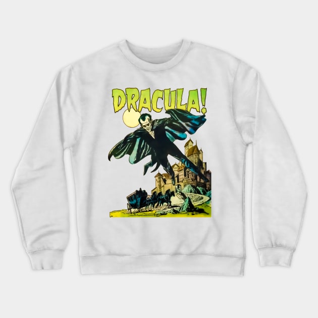 Dracula Flying Horses Castle Moon Vampire Halloween Retro Comic Vintage Cartoon Old Classic Crewneck Sweatshirt by REVISTANGO